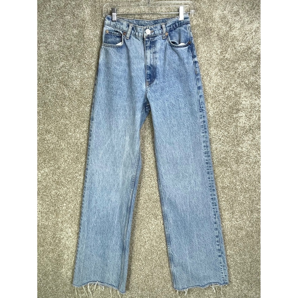 Zara High Waisted Wide Leg Jeans Womens 6 Blue Light Wash Raw Hem Grunge Denim